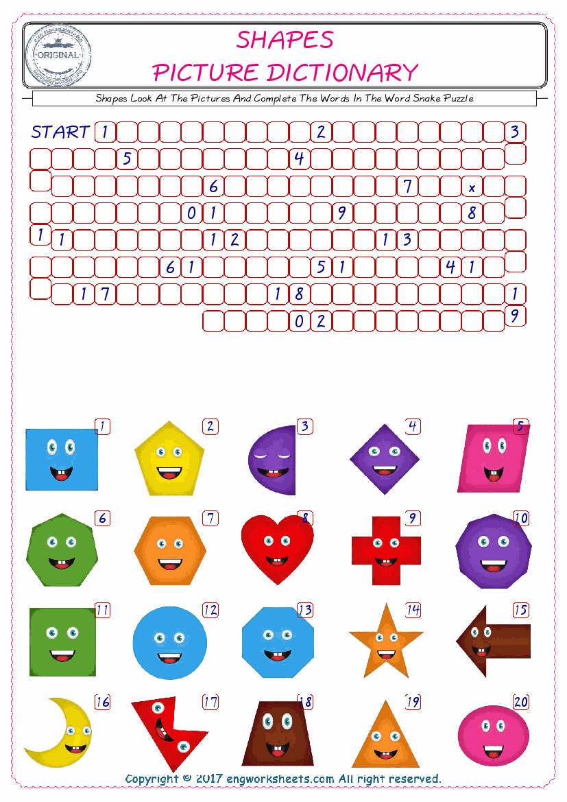  Check the Illustrations of Shapes english worksheets for kids, and Supply the Missing Words in the Word Snake Puzzle ESL play. 
